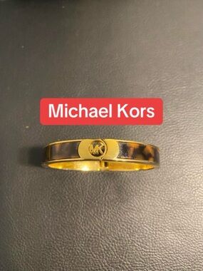 Michael Kors Gold and Tortoiseshell Logo Hinged Bangle Bracelet
